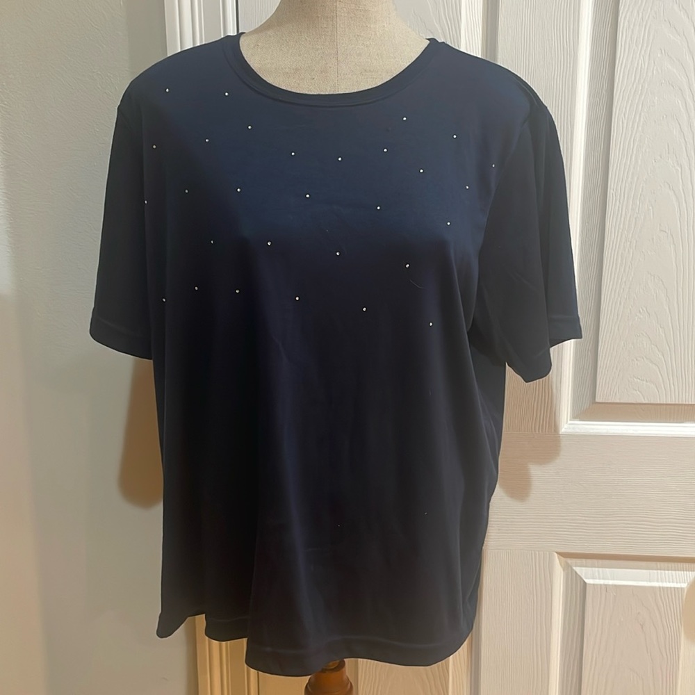 Blair top short sleeve embellished rhinestones navy blue cotton blend womens XL